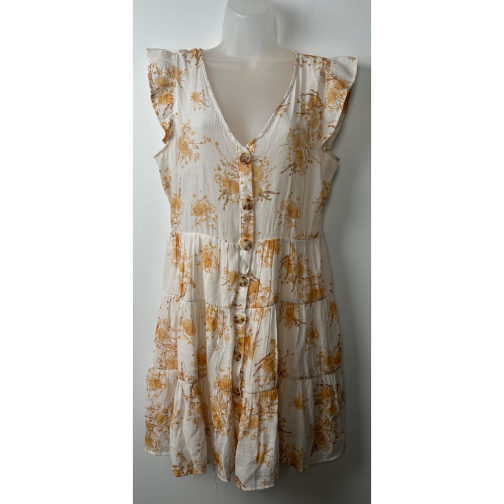 E&M Tiered BUTTON DOWN Dress Sz L Floral Lined Rayon Blend Boho Beach A12